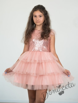 Официална детска рокля в пепел от рози без ръкав с перца от пайети и тюл на пластове Савина 1
