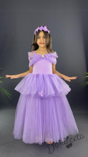 Детска официална дълга рокля Алиса в светлолилаво с паднало рамо от тюл на пластове с цветя и диадема от цветя