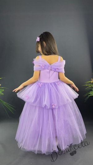 Детска официална дълга рокля Алиса в светлолилаво с паднало рамо от тюл на пластове с цветя и диадема от цветя 3