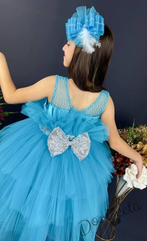 Официална детска рокля Фрея - без ръкав с богат тюл в синьо и панделка за коса 2