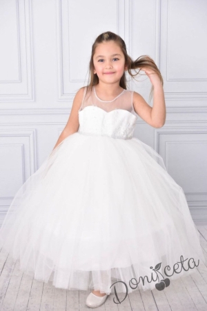 Официална дълга детска рокля в бяло без ръкав от тюл за шаферка с дантела и кристали с обръч