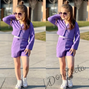 Детски комплект за момиче в лилаво от къси панталонки с джобчета, късо сако и потник 23239955