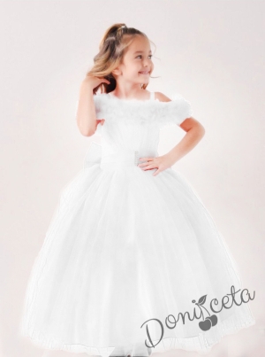 Официална дълга детска рокля в бяло без ръкав от тюл с обръч и блясък Андреа 1