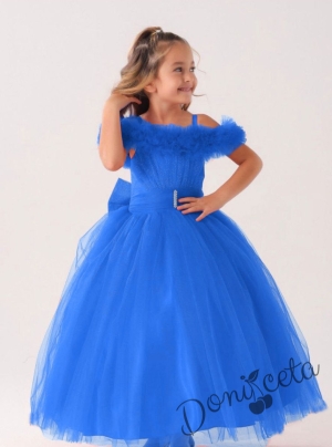 Официална дълга детска рокля в синьо без ръкав от тюл с блясък с обръч Андреа