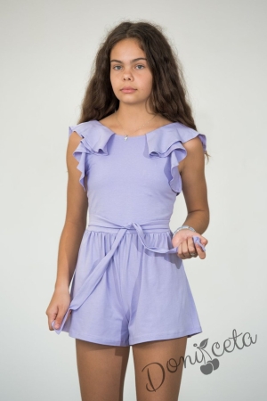 Летен детски къс гащеризон за момиче в лилаво с колан