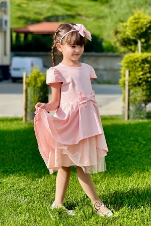 Официална или ежедневна детска рокля  в прасковено с къс ръкав панделка и тюл Надежда 4355713