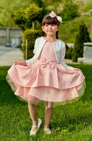 Комплект от детска рокля  в прасковено с къс ръкав панделка и тюл Надежда  с болеро