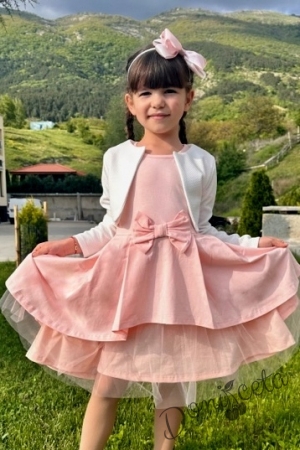 Комплект от детска рокля  в прасковено с къс ръкав панделка и тюл Надежда  с болеро3