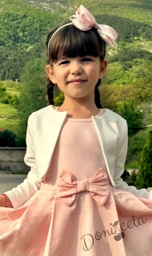 Комплект от детска рокля  в прасковено с къс ръкав панделка и тюл Надежда  с болеро4