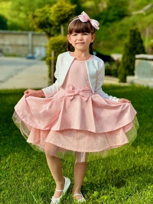 Комплект от детска рокля  в прасковено с къс ръкав панделка и тюл Надежда  с болеро5
