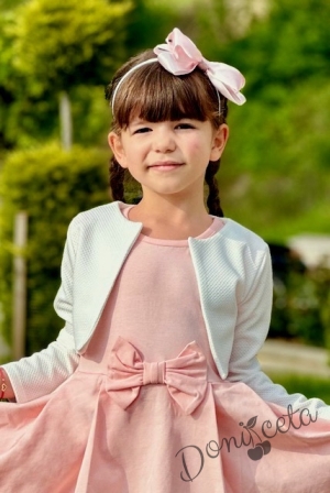 Комплект от детска рокля  в прасковено с къс ръкав панделка и тюл Надежда  с болеро6