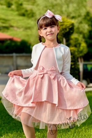 Комплект от детска рокля  в прасковено с къс ръкав панделка и тюл Надежда  с болеро7