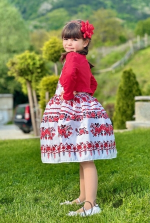 Детска рокля без ръкав с фолклорни/етно мотиви тип носия с червено болеро 84657594