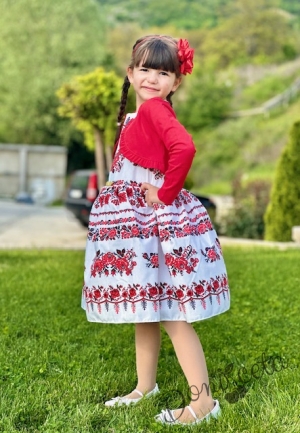 Детска рокля без ръкав с фолклорни/етно мотиви тип носия с червено болеро 84657598