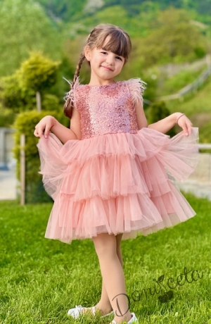 Официална детска рокля в пепел от рози с пайети и тюл на пластове Савина