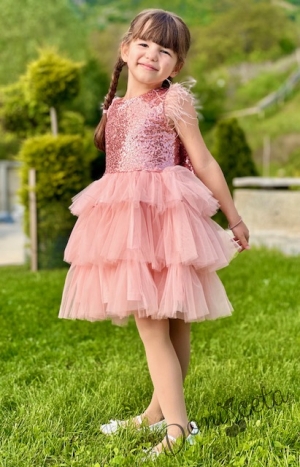 Официална детска рокля в пепел от рози с пайети и тюл на пластове Савина5