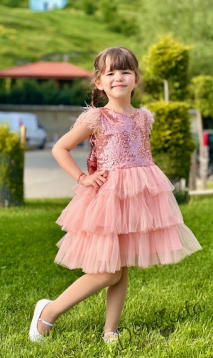 Официална детска рокля в пепел от рози с пайети и тюл на пластове Савина7