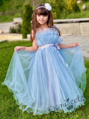 Официална дълга детска рокля Анджелина в светлосиньо с тюл без ръкав 