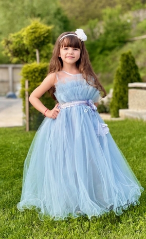 Официална дълга детска рокля Анджелина в светлосиньо с тюл без ръкав 