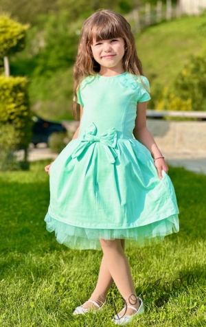 Ежедневна детска рокля с къс ръкав с тюл, панделка и розички от тюл в тюркоаз/мента2