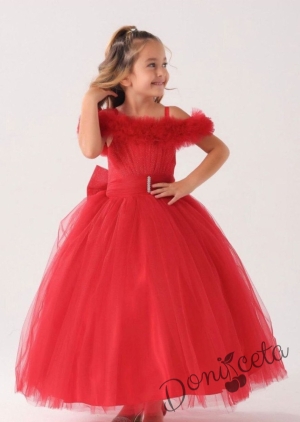 Официална дълга детска рокля в червено без ръкав от тюл с блясък с обръч Андреа