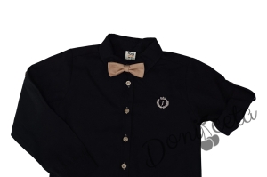 Официална детска риза с дълъг ръкав в черно с бежови папийонка и емблема 66698554 2