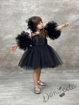 Официална детска рокля с тюл и помпони в черно с пайети Блян