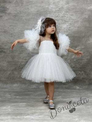 Официална детска рокля с тюл и помпони в бяло с пайети Блян