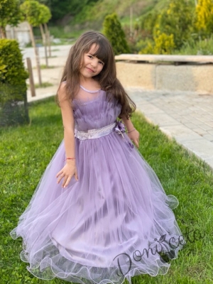 Официална детска дълга рокля Анджелина в светлолилаво с тюл и пола обръч отдолу4