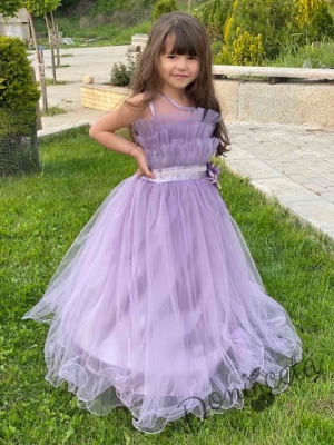 Официална детска дълга рокля Анджелина в светлолилаво с тюл и пола обръч отдолу5