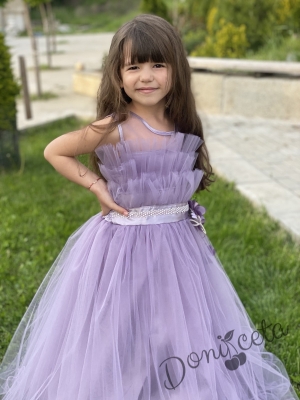 Официална детска дълга рокля Анджелина в светлолилаво с тюл и пола обръч отдолу3