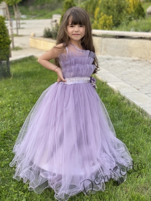 Официална детска дълга рокля Анджелина в светлолилаво с тюл и пола обръч отдолу2