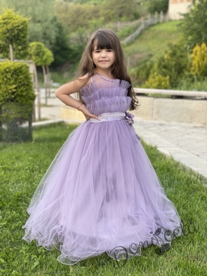 Официална детска дълга рокля Анджелина в светлолилаво с тюл и пола обръч отдолу1