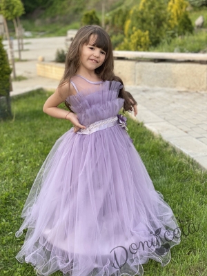 Официална детска дълга рокля Анджелина в светлолилаво с тюл и пола обръч отдолу7