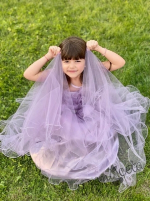 Официална детска дълга рокля Анджелина в светлолилаво с тюл и пола обръч отдолу5