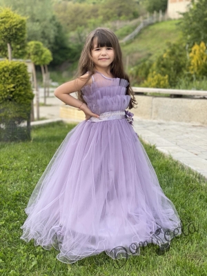 Официална детска дълга рокля Анджелина в светлолилаво с тюл и пола обръч отдолу12