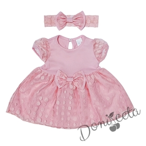 Официална детска рокля с дантела в розово и лента за глава  1