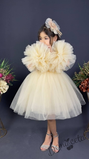 Официална детска рокля Хелия с богат тюл в златисто с помпони и панделка за коса 2
