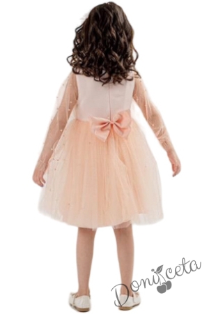 Официална детска рокля от тюл с дълъг ръкав, перли и блясък Митра в прасковено 2
