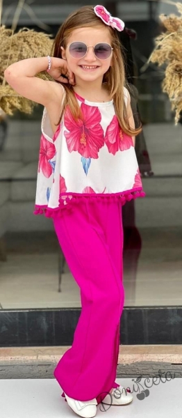 Детски комплект за момиче с дълъг панталон тип чарлстон в циклама и блуза без ръкав в бяло с ресни и цветя в циклама 2