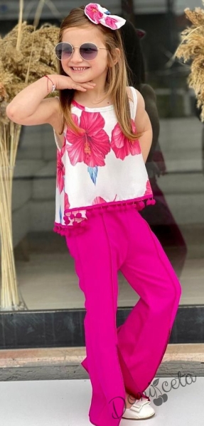 Детски комплект за момиче с дълъг панталон тип чарлстон в циклама и блуза без ръкав в бяло с ресни и цветя в циклама 3
