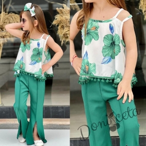 Детски комплект за момиче с дълъг панталон тип чарлстон в зелено и блуза без ръкав в бяло с ресни и цветя в зелено