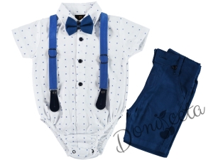 Комплект от боди-риза къс ръкав и орнаменти в синьо, къси панталони в синьо, тиранти и папийонка 1