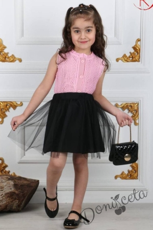 Детски комплект от 3 части - блуза без ръкав от дантела в розово и тюл пола в черно с чанта