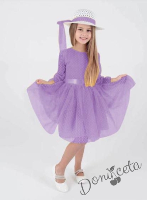 Официална детска рокля на точки в лилаво от тюл, дълъг ръкав, коланче и капела Хейли 1