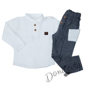 Комплект за момче от блуза с дълъг ръкав с емблема в екрю и раиран панталон
