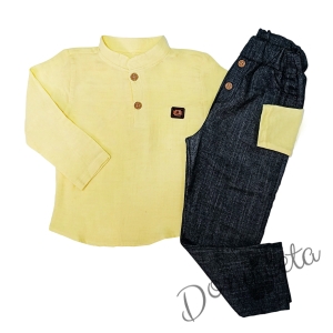 Комплект за момче от блуза с дълъг ръкав с емблема в жълто и сив панталон