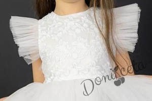 Детска официална рокля  в бяло с деликатен тюл, дантела и панделка за коса Хана 5