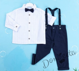 Детски комплект с тиранти, панталон и папийонка в тъмносиньо и риза в бяло с орнаменти