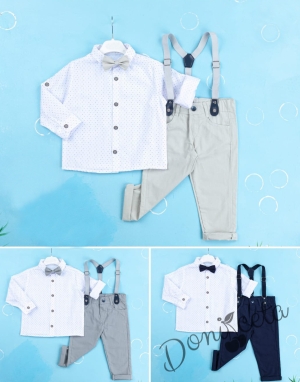Детски комплект с тиранти, панталон и папийонка в сиво и риза в бяло с орнаменти 2